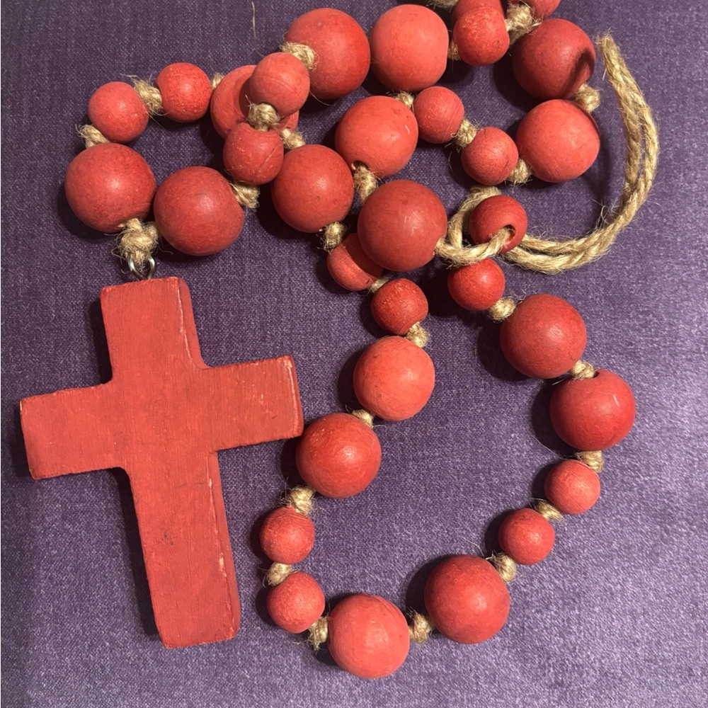 Red Wooden Beads with Cross Pendant